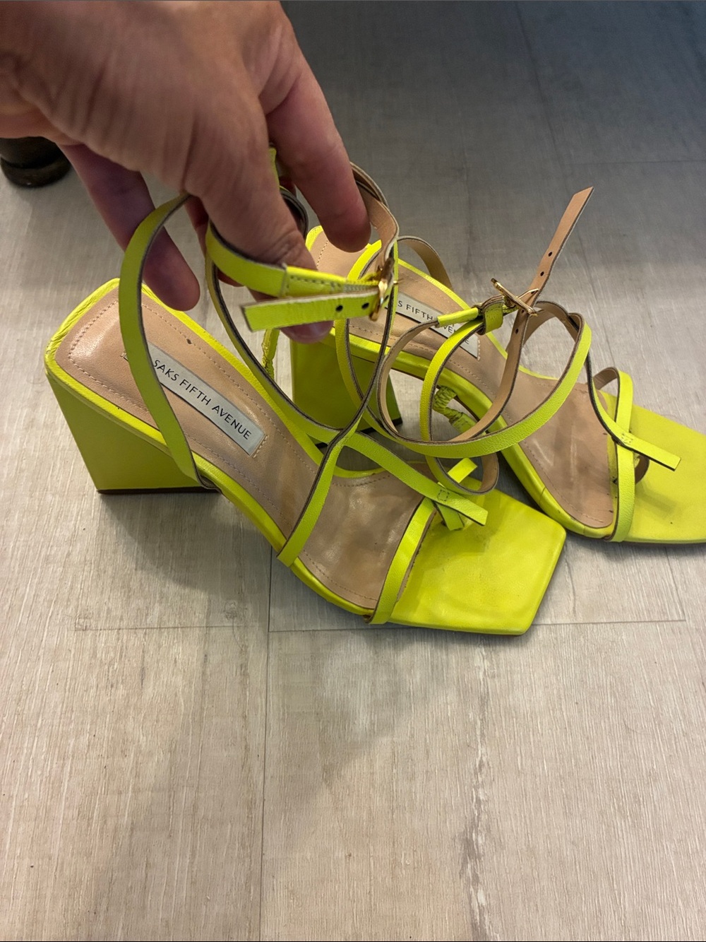 Saks Fifth Avenue Neon Lime Strappy Block Heel Sandals